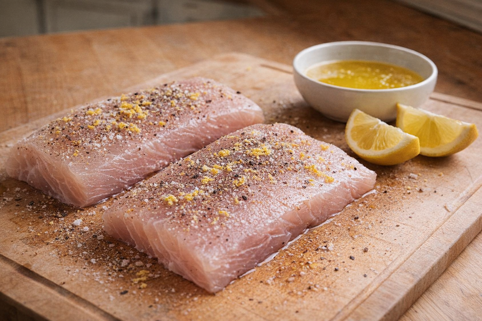 Raw Mahi Mahi fillets on a cutting board, sprinkled with salt, pepper, and lemon zest, next to a bowl of melted butter and a lemon cut into wedges